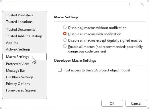 在Microsoft 365文件中启用或禁用宏