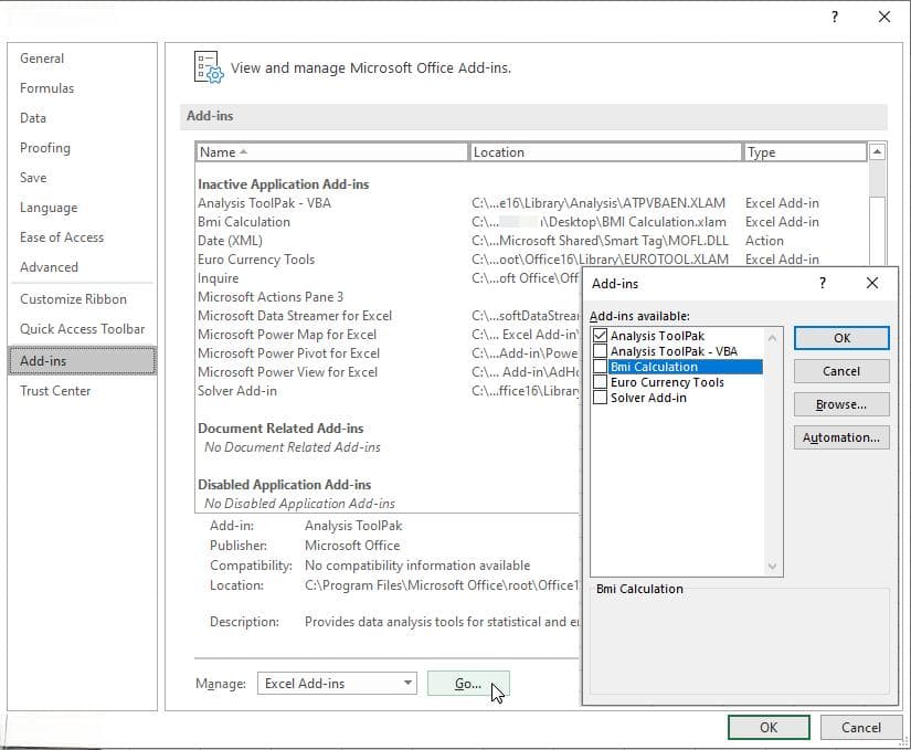 创建 Excel Add-In 以计算 BMI)  (身体质量索引