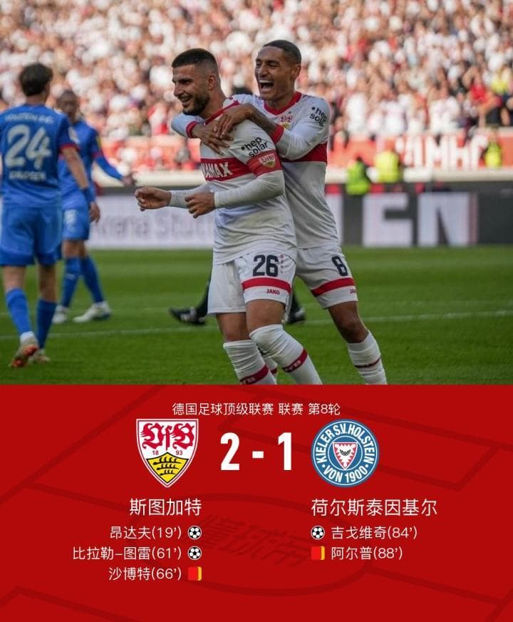 斯图加特2-1荷尔斯泰因基尔，昂达夫、比拉勒-图雷破门