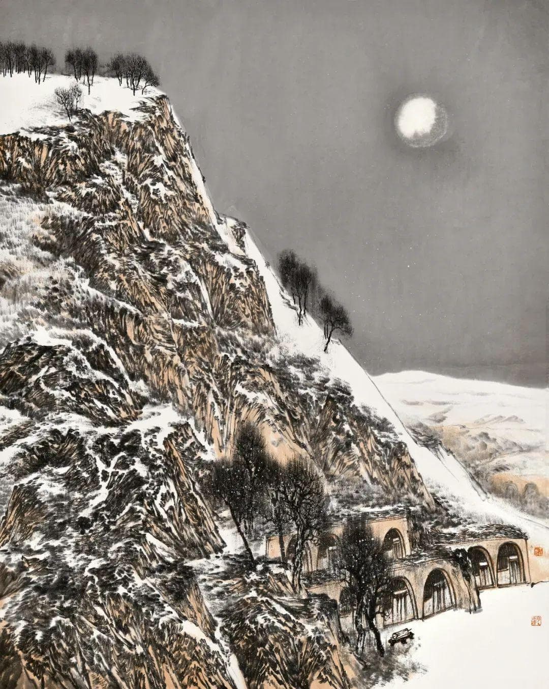 王录山黄土高原雪景画：粗犷笔触下的雄浑世界