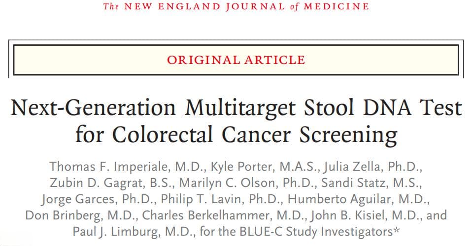 NEJM：新一代多靶点粪便DNA检测对结直肠癌的敏感性高达93.9%！