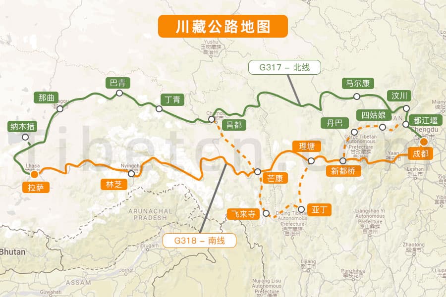 一文读懂川藏线：南线北线地图+7-13天行程规划