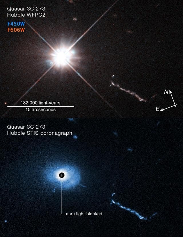NASA哈勃望远镜首次捕捉到了类星体3C 273前所未有的细节